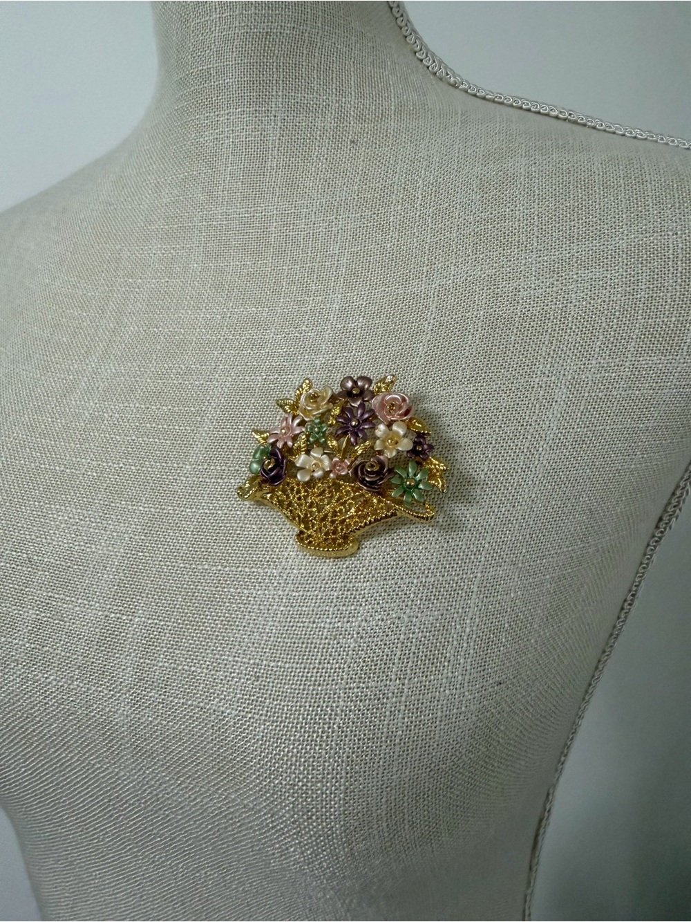 Vintage Flower Basket Brooch Pin Gold Toned